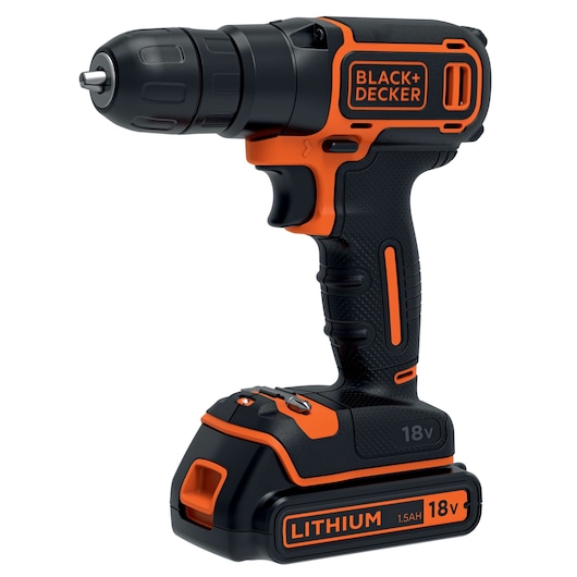 A BLACK+DECKER 18V cordless drill with a black and orange design, featuring a lithium 1.5Ah battery attached at the bottom.