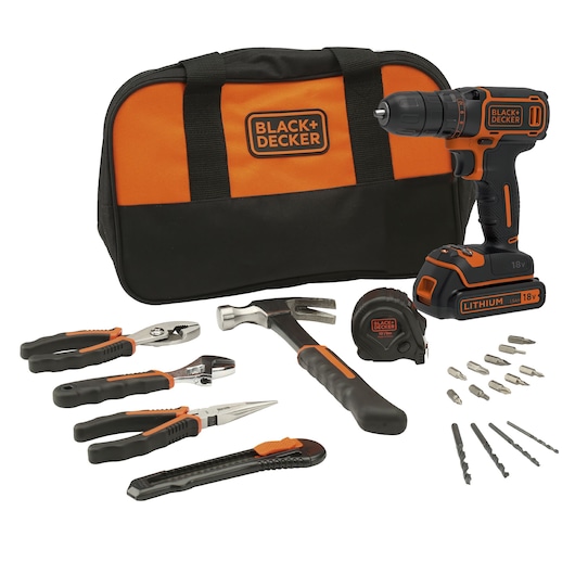A BLACK+DECKER tool set featuring an orange and black carrying bag, an 18V cordless drill, hammer, measuring tape, utility knife, three types of pliers, screwdriver bits, and drill bits.