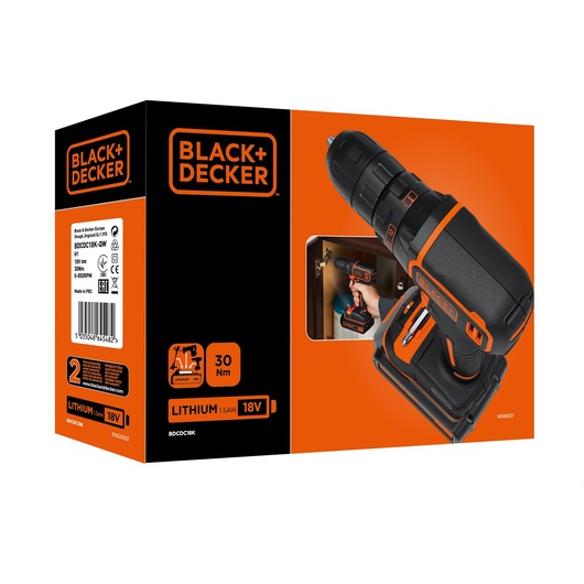 BLACK+DECKER BDCDC18 cordless drill 18V packaging in black and orange with product photo and specs.