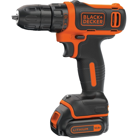 A BLACK+DECKER cordless drill with a 10.8V lithium battery, featuring an ergonomic black and orange design.