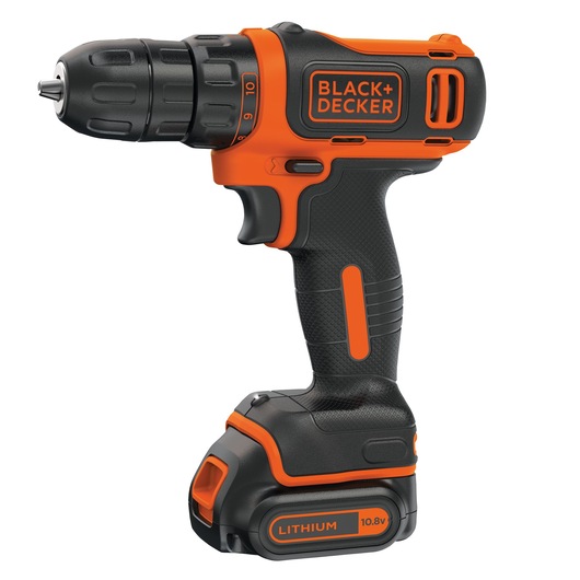 A BLACK+DECKER 10.8V lithium cordless drill with an orange and black design, featuring a textured grip handle, visible branding, and a battery pack attached at the bottom.