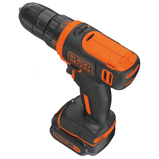 BLACKDECKER BDCDD12 cordless drill, black and orange, front side angle on white background.