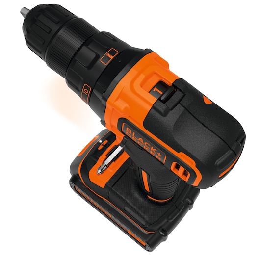 BLACKDECKER cordless drill BDCDD186K, orange and black, top angle, visible battery and grip.