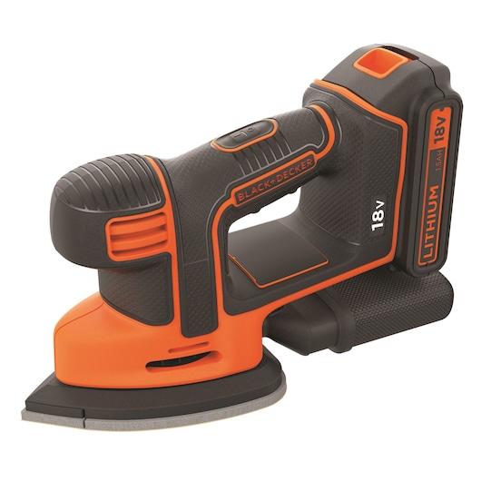 BLACKDECKER BDCDS18 cordless 18V lithium detail sander, orange and black, side angle photo.