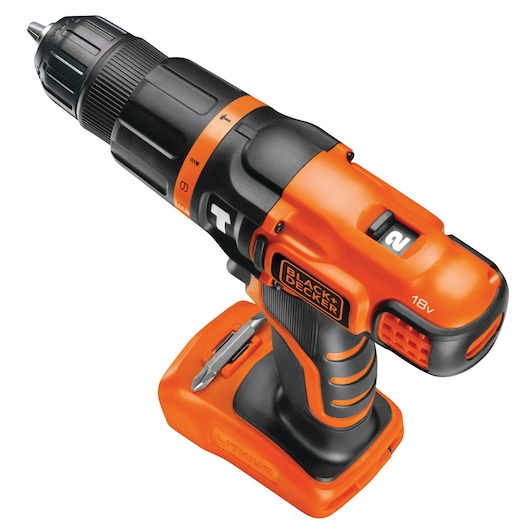 A BLACK+DECKER 18V cordless power drill with an orange and black design. The drill features a variable speed trigger, ergonomic handle, and a rechargeable lithium battery base. There is a BLACK+DECKER logo visible on the side.