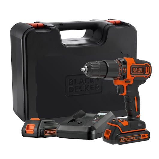 BLACK+DECKER BDCHD18K1B2 cordless drill set with 18V drill, two lithium batteries, charger, and black carrying case, front angle.