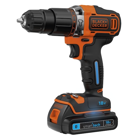 Cordless Black+Decker 18V drill with smart tech lithium battery, featuring an ergonomic black and orange design.
