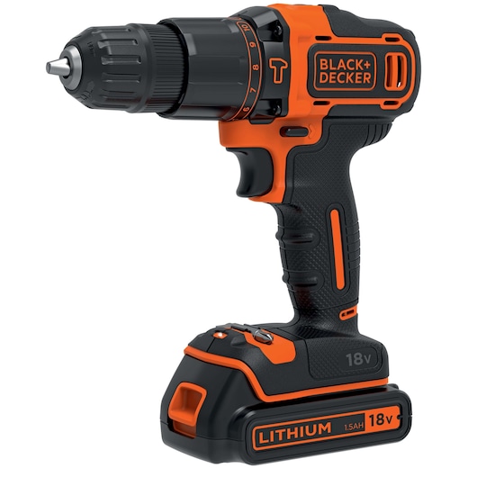 A BLACK+DECKER 18V cordless lithium-ion drill with an ergonomic black and orange design. The drill features a textured grip handle and a visible battery pack at the base.