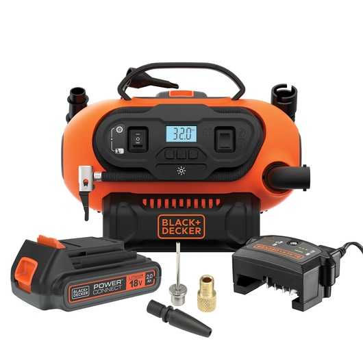 BLACK+DECKER BDCINF18N orange portable inflator with battery, charger, and accessories, front view.