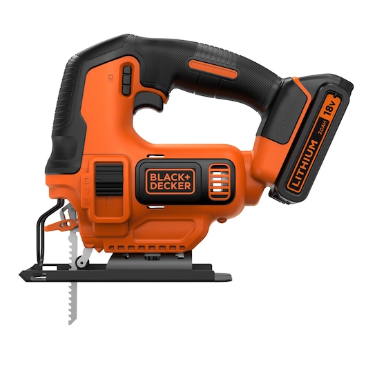 A BLACK+DECKER orange and black cordless jigsaw with an 18V lithium battery, shown in a side profile view.