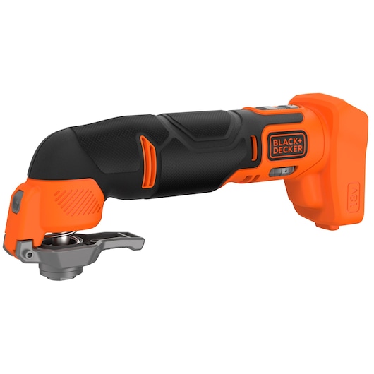 Photo of BLACKDECKER BDCOS18N cordless oscillating multi-tool, orange and black, side angle on white background.
