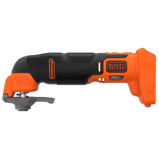 BLACK+DECKER BDCOS18N cordless oscillating multi-tool, side view, black and orange color, photography.