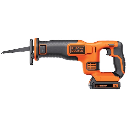 A BLACK+DECKER cordless reciprocating saw with an 18V lithium battery, featuring an orange and black design.