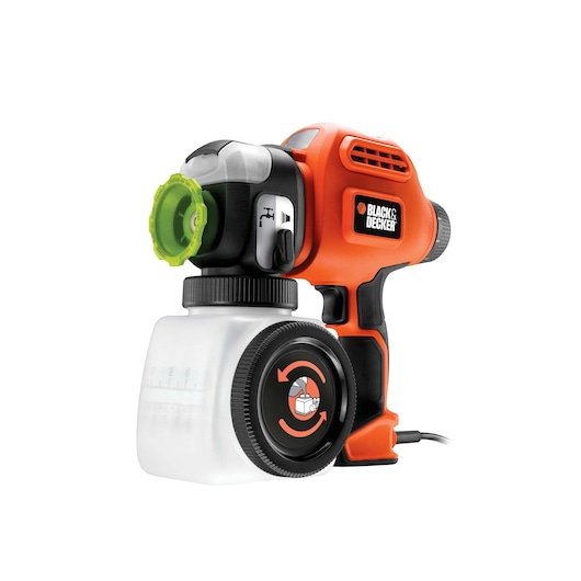 A BLACK+DECKER BDPS400 handheld electric paint sprayer with an orange and black body, a clear paint container, and a green nozzle, designed for home and DIY painting projects.