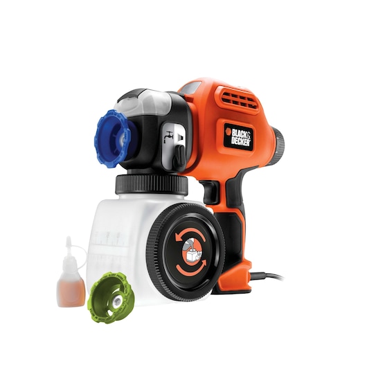 BLACK+DECKER BDPS400 paint sprayer with orange and black body, clear paint container, and accessories, side angle.