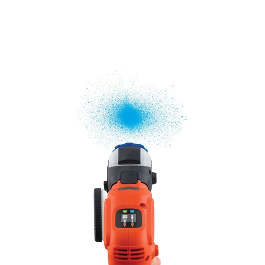 Photo of BLACKDECKER BDPS400 paint sprayer front view spraying blue paint on white background.