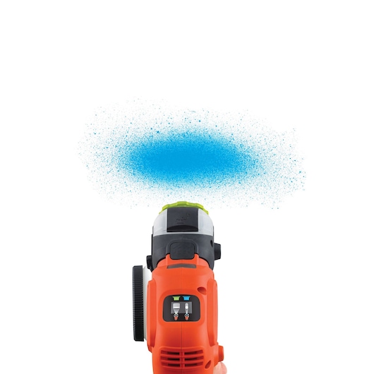 Photo of BLACKDECKER BDPS400 paint sprayer emitting blue spray, front angle, on white background.