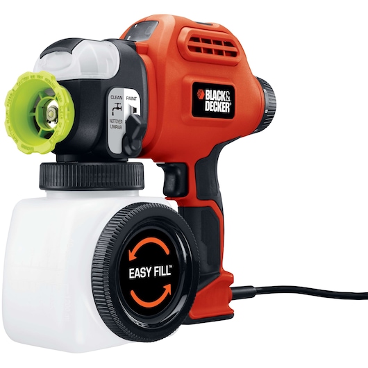 Photo of BLACK+DECKER paint sprayer BDPS600K, orange and black, front angle, easy fill feature visible.