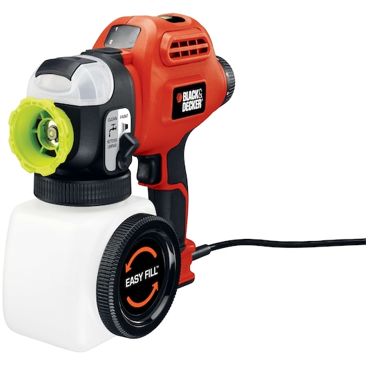 BLACKDECKER BDPS600K electric paint sprayer, red and black, side angle, with easy fill label.