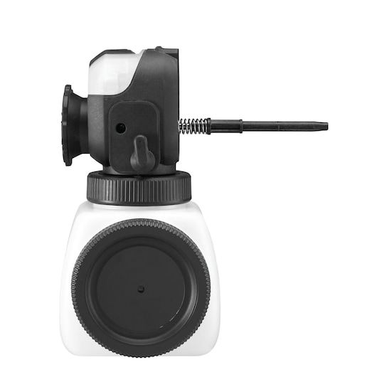 Side view of a BLACK+DECKER BDPS600K spray system component, featuring a plastic container with black lids and a nozzle attachment.