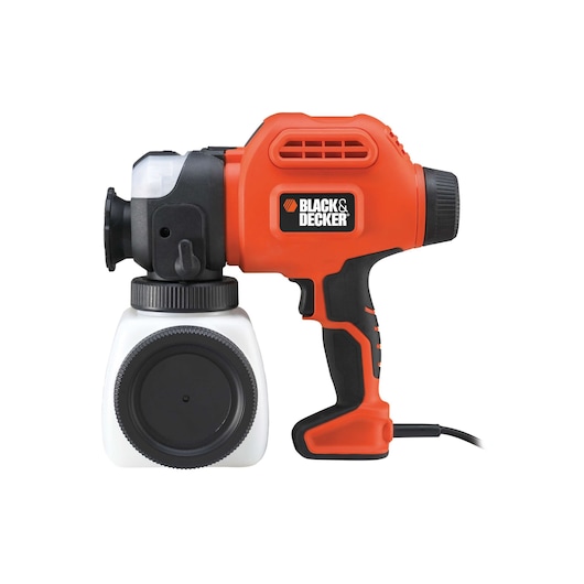 A BLACK+DECKER electric paint sprayer with orange and black body, shown with a detachable white paint container at the bottom.