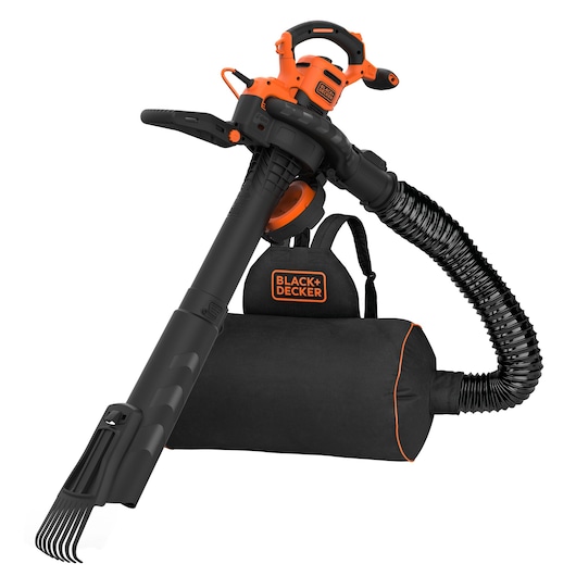 BLACK+DECKER BEBLV301 leaf blower vacuum with collection bag, black and orange, white background front angle