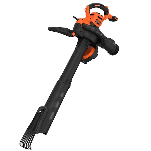 BLACKDECKER BEBLV301 leaf blower and vacuum with orange and black body, angled view on white background.