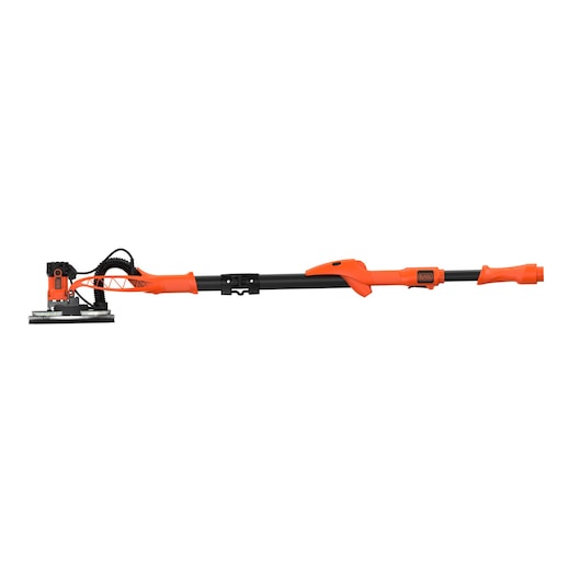 A BLACK+DECKER extendable orange and black wall and ceiling sander, featuring a round sanding head and ergonomic handle.