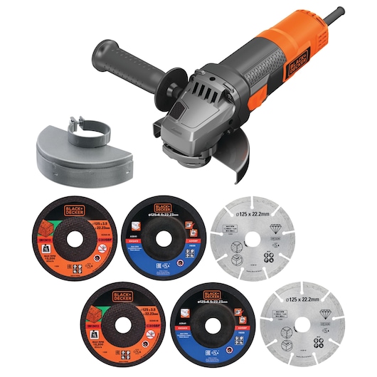 BLACK+DECKER angle grinder set with orange and black grinder, a detachable protective cover, and six different cutting and grinding discs for various materials.