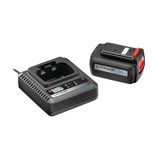 BLACK+DECKER 36V lithium battery and charger set, featuring a black battery pack and charging dock suitable for photography equipment.