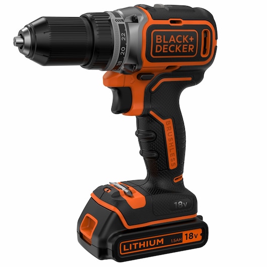 A BLACK+DECKER 18V cordless drill with a brushless motor and lithium battery, in black and orange colors.