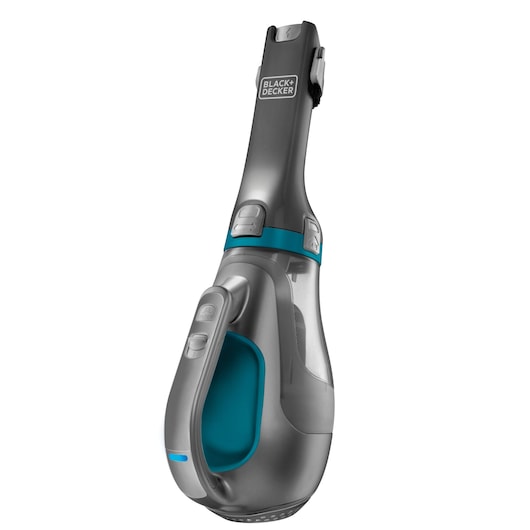 A BLACK+DECKER handheld vacuum cleaner, model DV1210N, shown upright. The device is primarily grey with teal accents and features a transparent dust container.