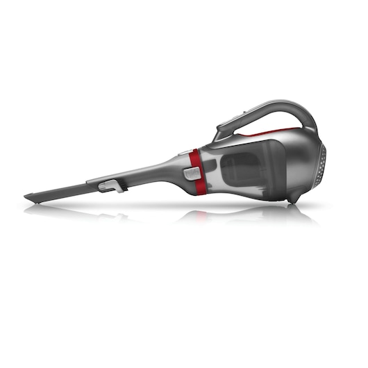 A BLACK+DECKER handheld cordless vacuum cleaner in a grey and red color scheme, shown on its side with a long, narrow nozzle attachment.