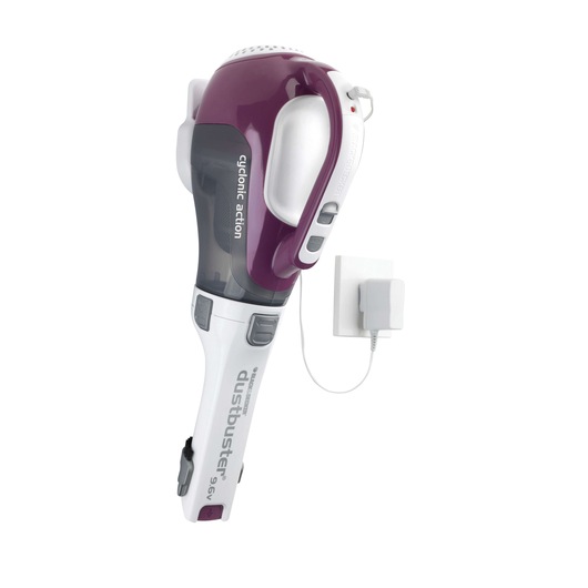 BLACK+DECKER DV9610ECN handheld vacuum cleaner with purple and white design, wall-mounted on charger, front angle.
