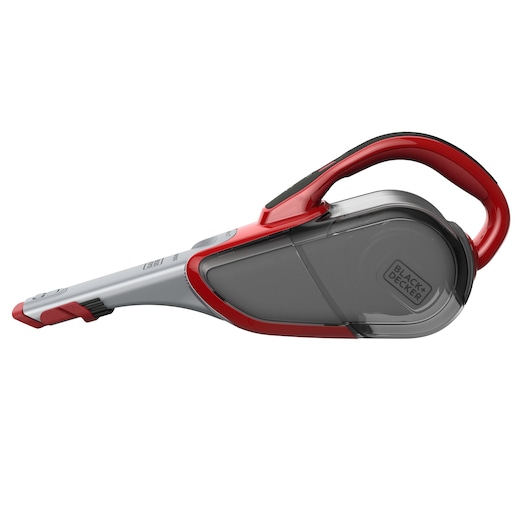 A BLACK+DECKER handheld vacuum cleaner with a red and grey design, featuring a curved handle and transparent dust container.