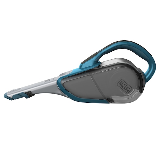 A BLACK+DECKER handheld vacuum cleaner with a gray and blue design, featuring a curved handle and compact body.