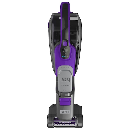 BLACK+DECKER DVJ325BFSP handheld vacuum for pet hair, purple and gray, front angle on white background.