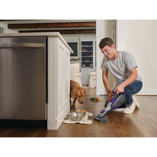 BLACKDECKER DVJ325BFSP handheld vacuum cleaning pet food spill on kitchen floor near dog and bowls.