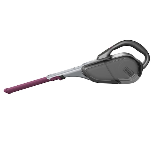 A BLACK+DECKER handheld vacuum cleaner with a long, narrow purple nozzle and a grey body, shown on a white background.