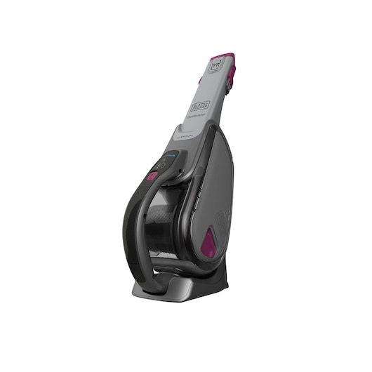 A BLACK+DECKER handheld cordless vacuum cleaner with a modern design, shown standing upright on its charging base. The device features grey and purple accents.