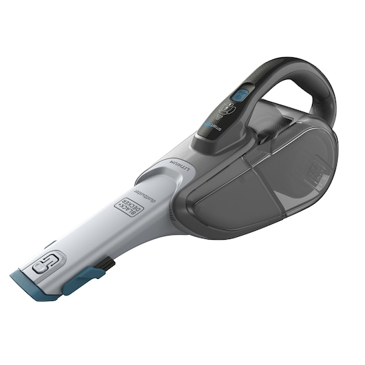 A BLACK+DECKER handheld vacuum cleaner, model DVJ325BF, with a grey and black design and a visible handle and nozzle.