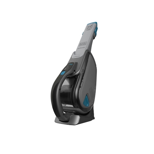 A BLACK+DECKER handheld cordless vacuum cleaner, model DVJ325BF, shown standing upright on its charging base. The vacuum is grey with blue and black accents and has a compact, ergonomic design.