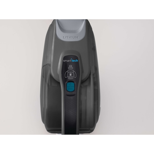 BLACKDECKER DVJ325BF handheld vacuum cleaner top view, showing smarttech controls, gray and blue color.