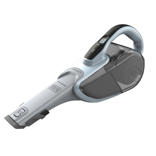 A BLACK+DECKER handheld cordless vacuum cleaner with a modern design, featuring a grey and black color scheme and a transparent dust container.