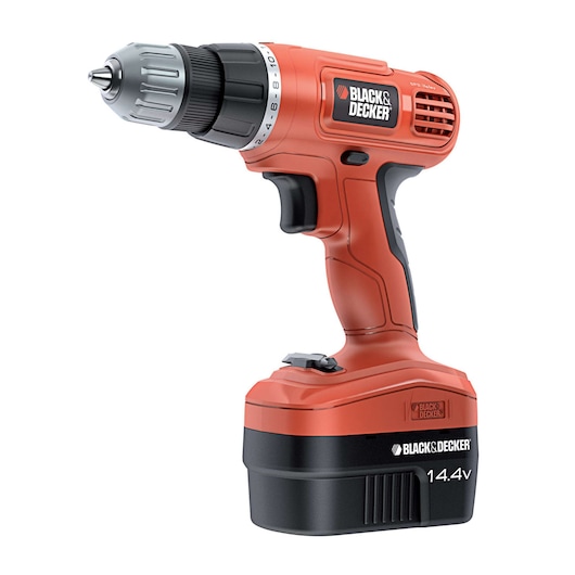A BLACK+DECKER 14.4V cordless power drill with an orange and black design, featuring a pistol grip and adjustable torque settings.