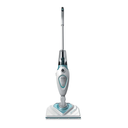 BLACKDECKER FSM1616 steam mop with white and teal accents, front view on white background.