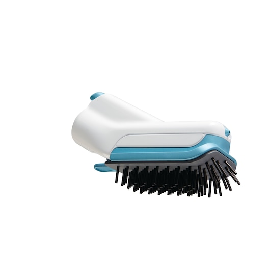 BLACKDECKER FSMH13101SM steam mop brush accessory, side angle, white and blue with black bristles.