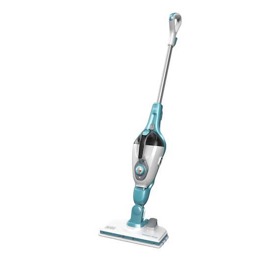 BLACKDECKER FSMH13151SM steam mop, white and blue, upright front angle on white background.