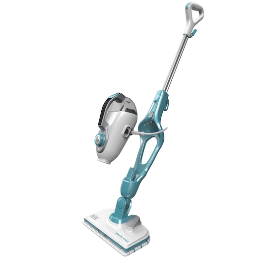 BLACKDECKER FSMH13151SM steam mop with detachable handheld unit, teal and white, product angled on white.