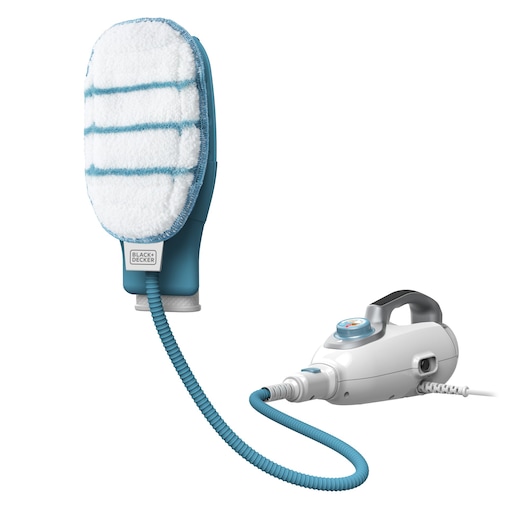 BLACKDECKER FSMH13151SM steam cleaner with blue hose and white cleaning glove on white background, side angle.